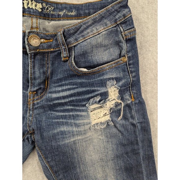 Machine Nouvelle Mode Jeans Womens SZ 30 Blue Destressed Whiskers Tapered Faded - Picture 4 of 16